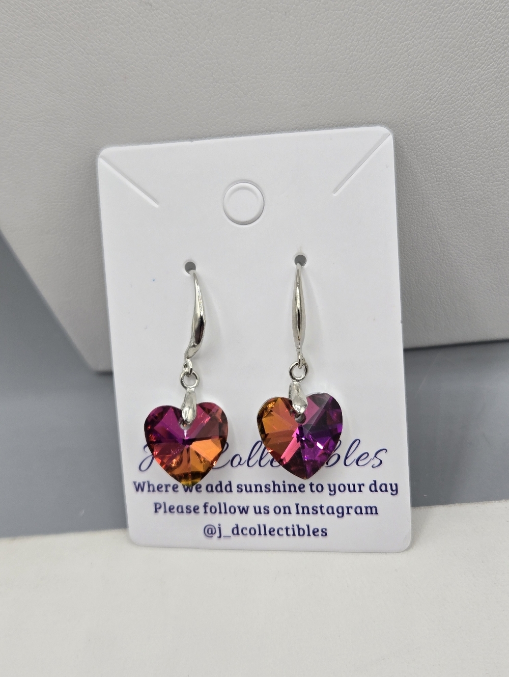 Swarovski Crystal Elements Silver Heart Earrings Pink Orange Lightweight 1.5 in